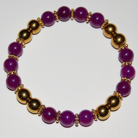 Purple and Gold Bracelet,Purple Stone and Golden 8mm Beads - Picture 2 of 3